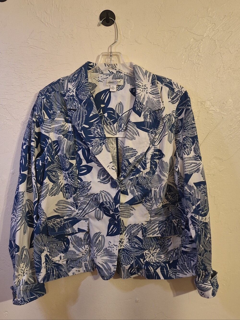 Coldwater Creek Women's Blazer Jacket Blue Ivory Tropical Floral PL 100% Cotton
